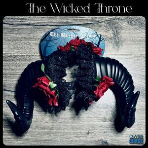 KBW The Wicked Throne Headband Black Curved Horns Red Flower Lace Gothic Costume